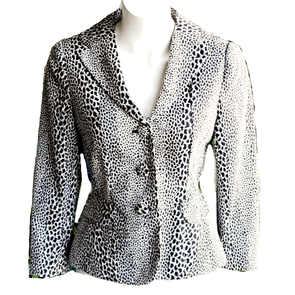 Kay Unger Black White Animal Leopard Print Tailored Jacket Size 6